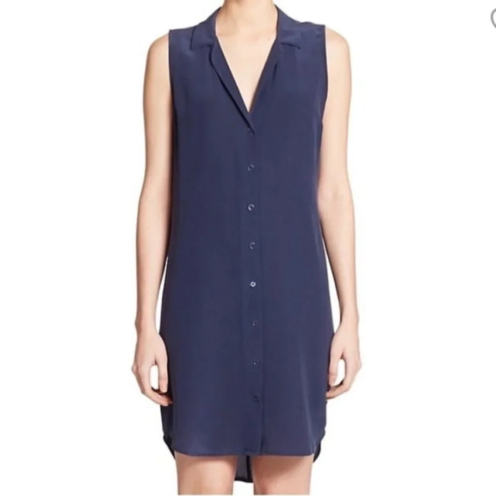 NWT Equipment Femme navy Adalyn Silk Sleeveless Shirtdress button down Size L - Picture 2 of 10